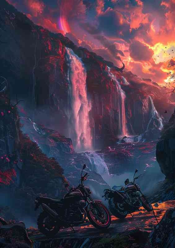 Two motorcycles in front of a waterfall | Canvas