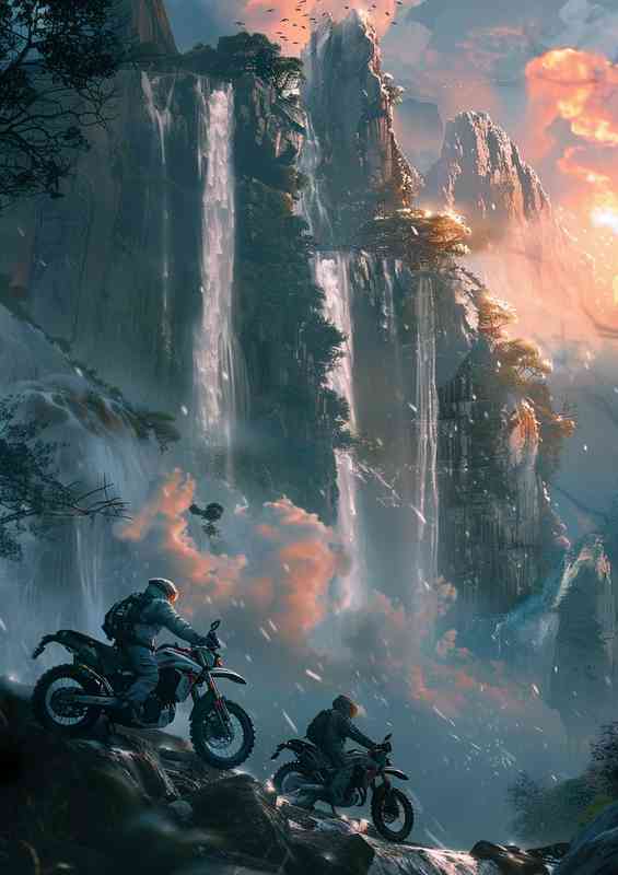 Two motorcycles riding by the waterfall | Canvas