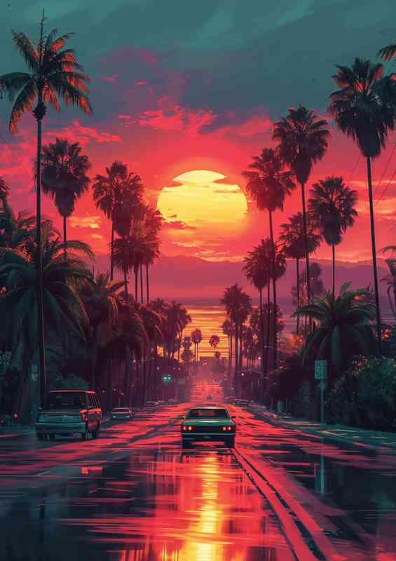 Car drives down road amidst palm trees and at sunset | Poster