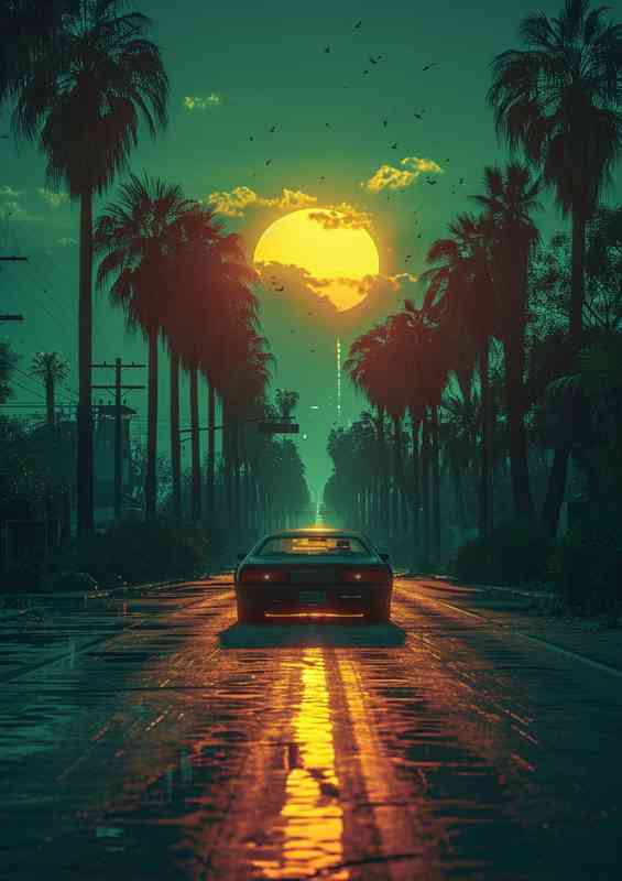 Car drives down the road at sunset | Poster