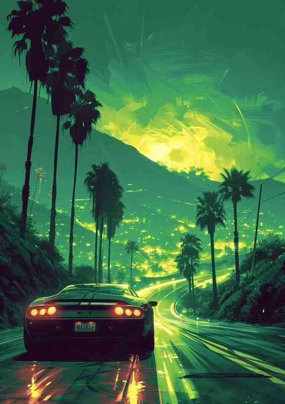 Car driving on the road in the green valley | Poster