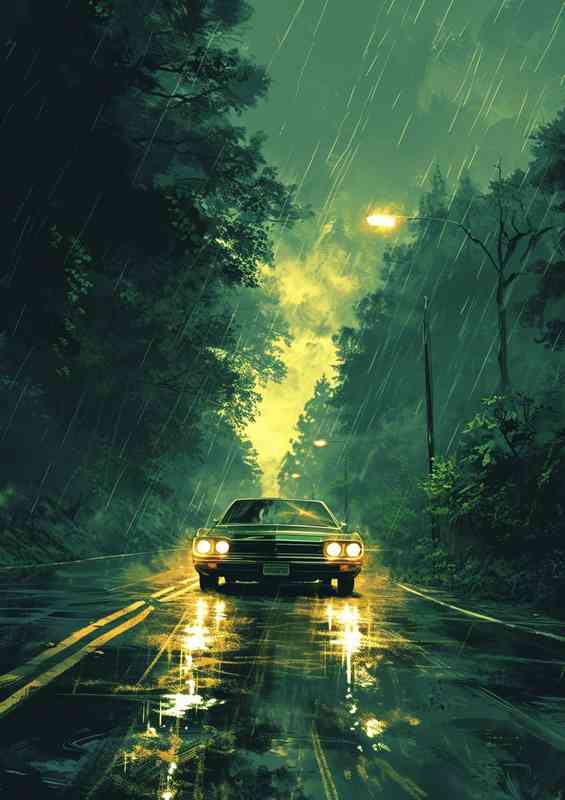 Car driving on the road in the rain | Poster