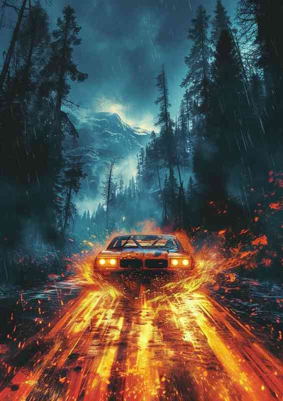 Car driving through the red flames in a forest | Canvas
