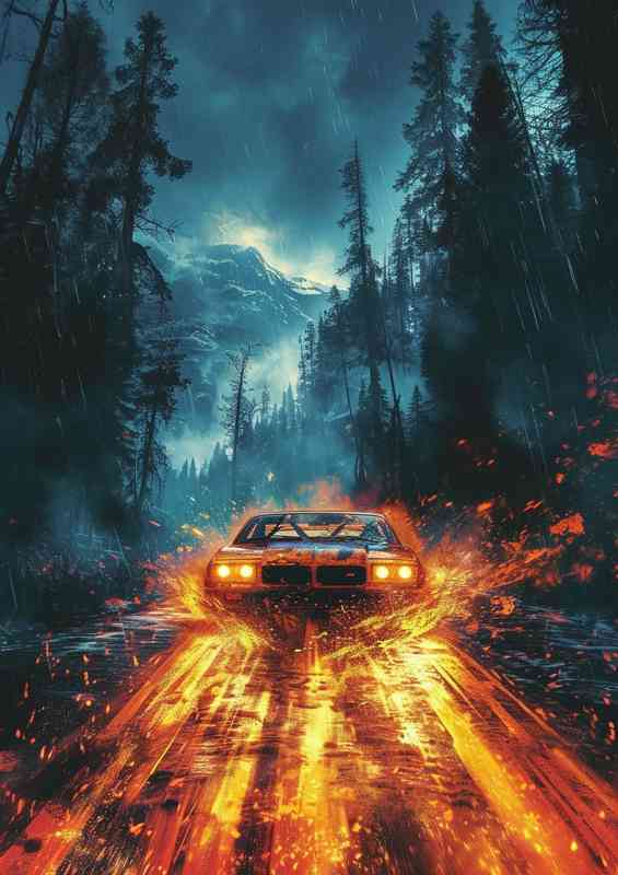 Car driving through the red flames in a forest | Poster