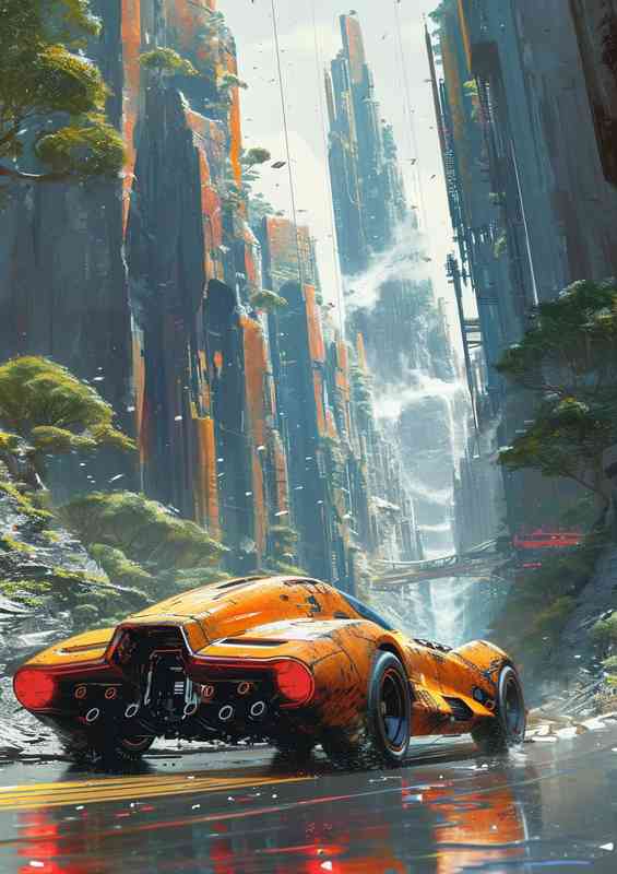 Futuristic car driving down the road in orange | Di-Bond