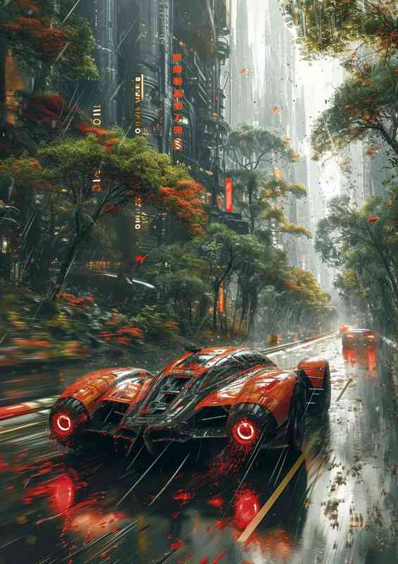 Futuristic car driving through the rain | Poster