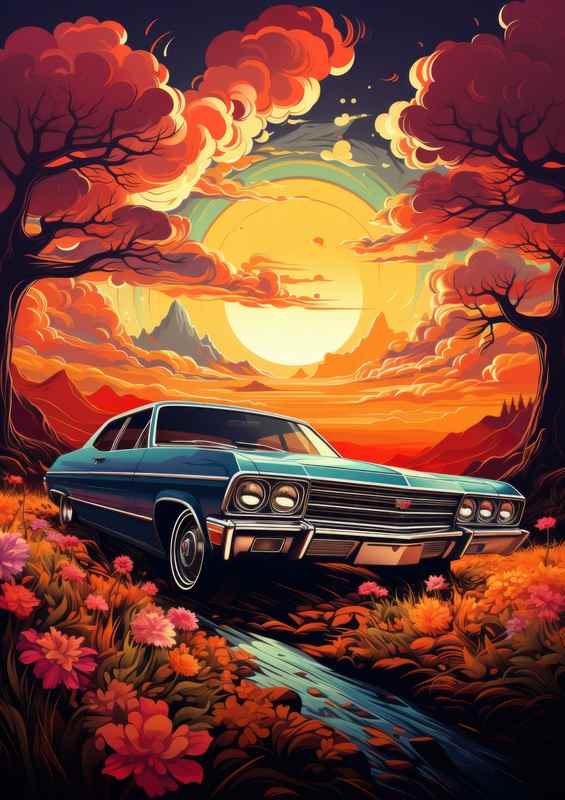 Muscle car in the autumn | Canvas