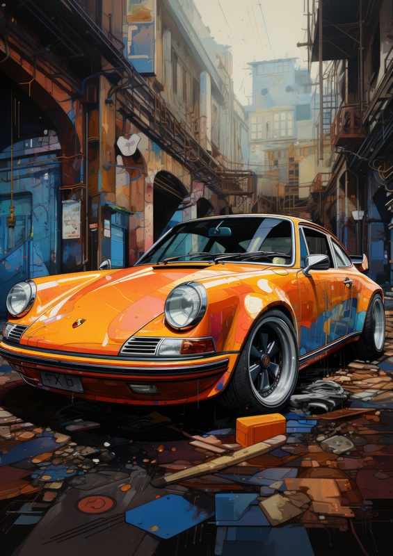 Orange Porsche art style | Metal Poster