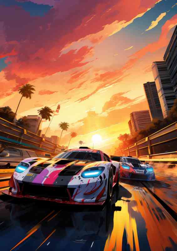 Pink and black racing cars at sunset | Metal Poster