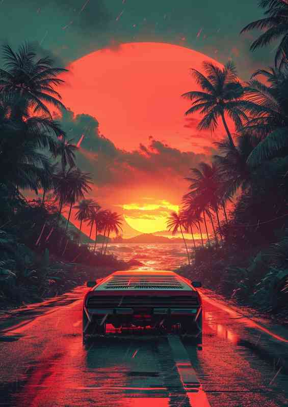 Red sunset car driving down the road | Metal Poster