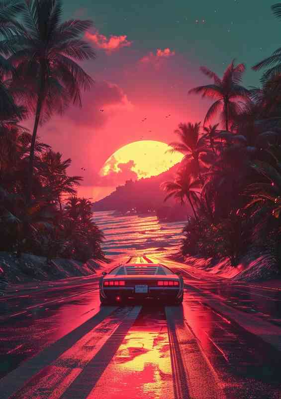 Sunset car driving down the road | Metal Poster