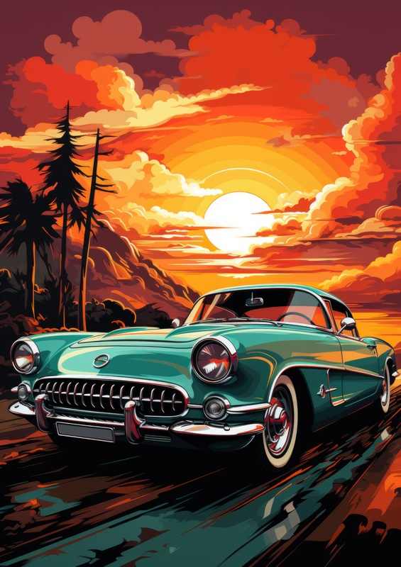 The Green painted cadilac with sunset | Canvas