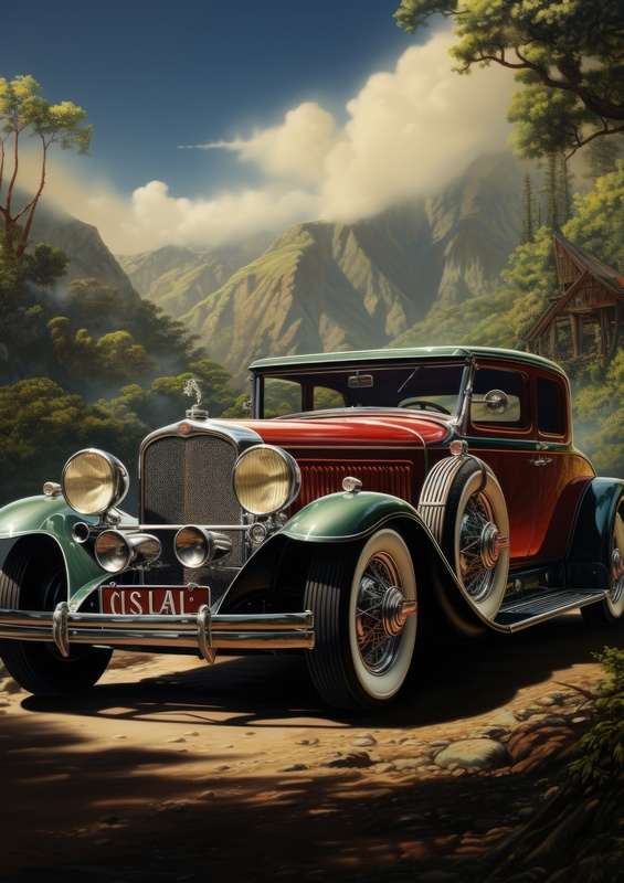 Vintage car driving through the open road | Poster