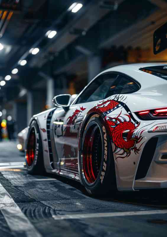 White Porsche widebody Japanese dragons | Di-Bond
