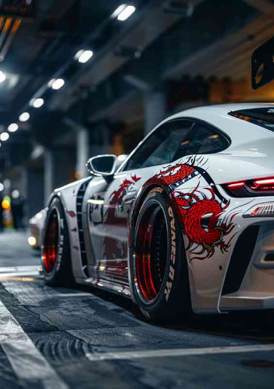White Porsche widebody Japanese dragons | Poster