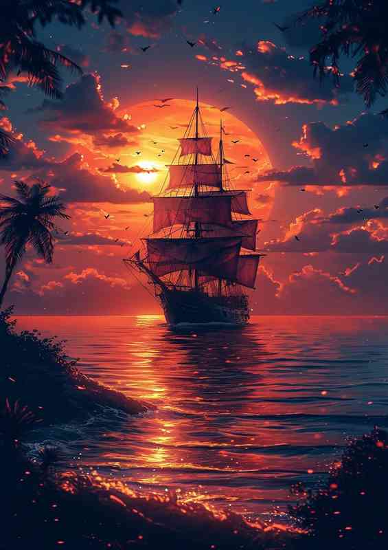 Orange sunset with a docked pirate ship | Poster
