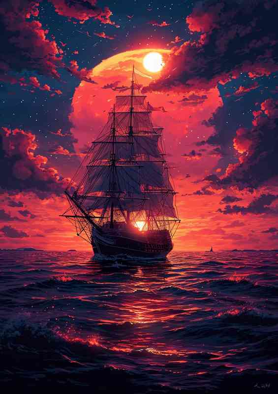 Red Sunset and sailing ship | Poster