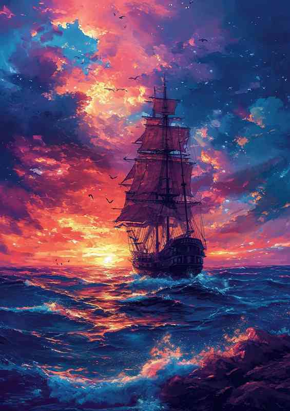 Seascape with a pirate ship at dusk | Poster
