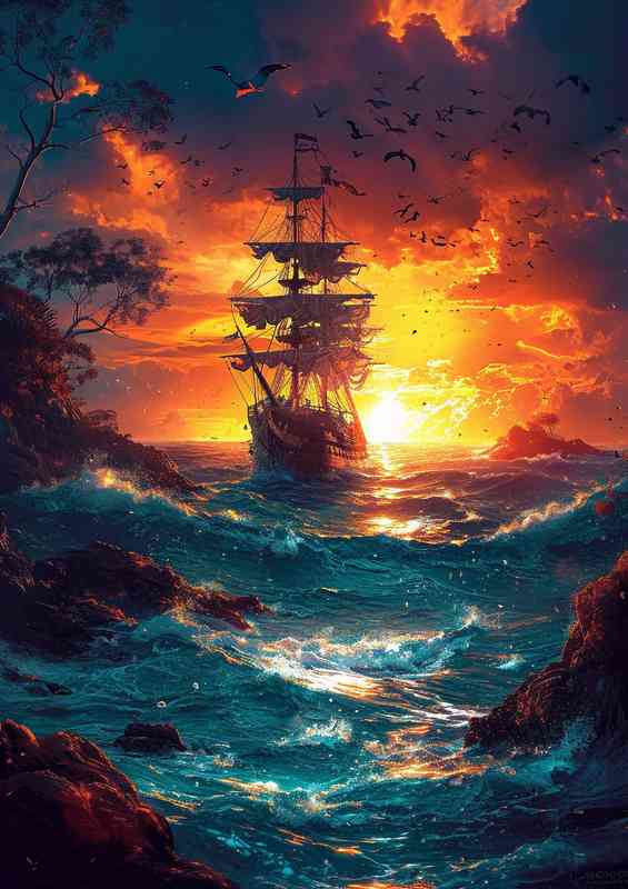 Seascape with a pirate ship in the ocean | Poster