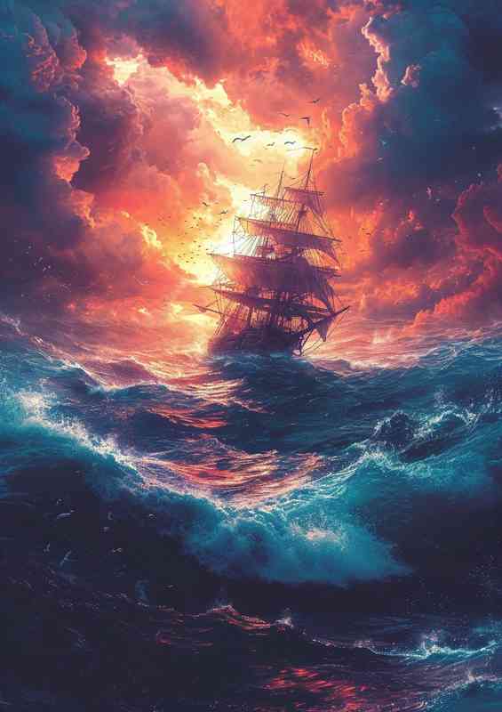 Seascape with rough sea and a pirate ship | Poster
