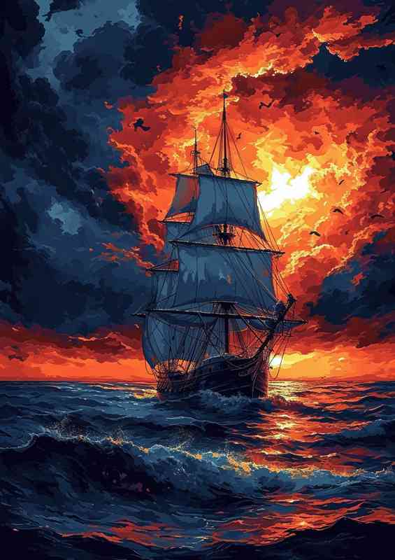 Sunset with a ship on the rough sea | Poster