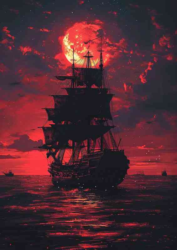 The pirate ship under the red moonlit sky | Poster