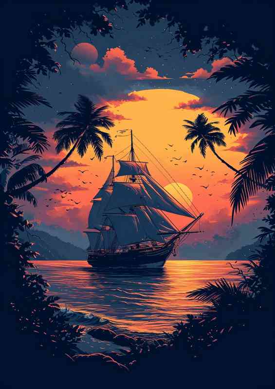 Yellow setting sun and a sailing ship | Poster