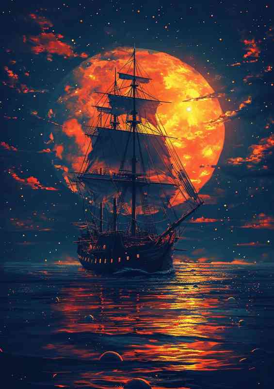 pirate ship under the orange moonlit sky | Poster