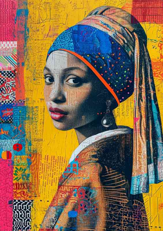 Colorful painting of a woman with a pearl earring mixed art | Metal Poster