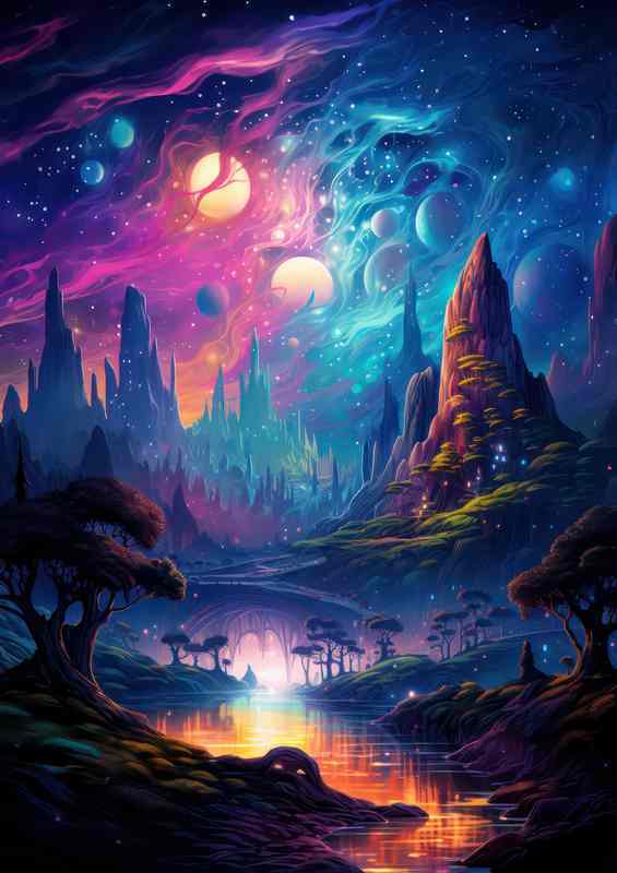 Whimsical Worlds mountains and moonlit skies | Poster