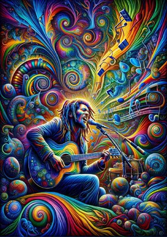 Psychedelic Art painting of a musician inspired by Bob Marley | Poster