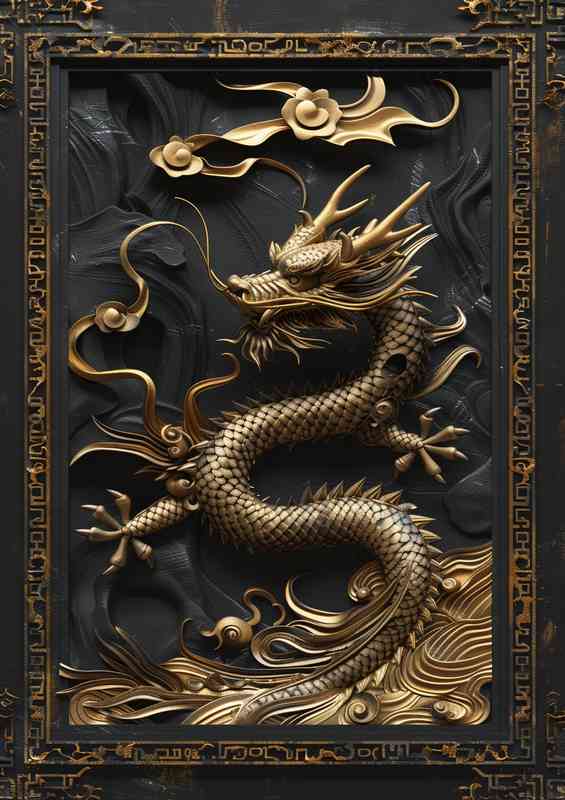 Artistic Dragon with gold and black border | Canvas