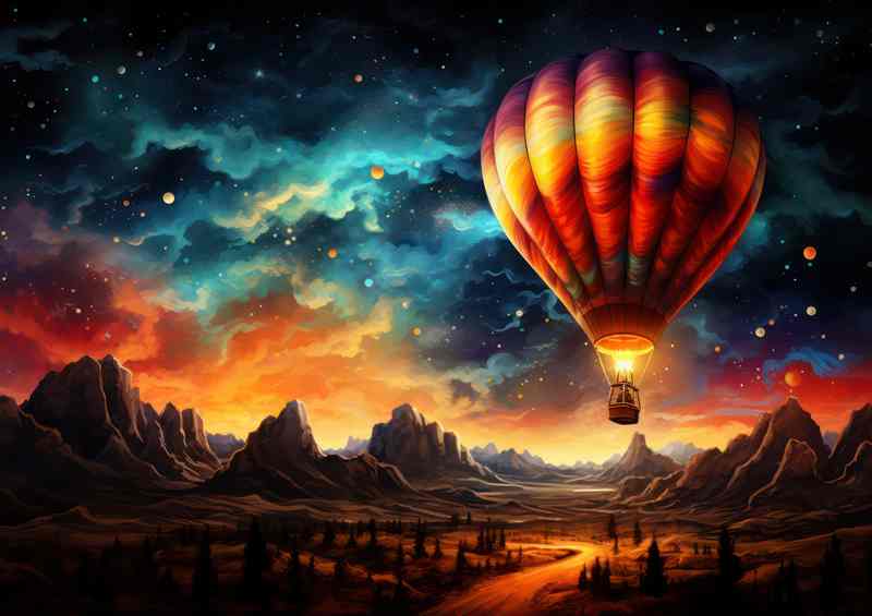 Celestial Starry Night Overcast with hot air ballon | Poster