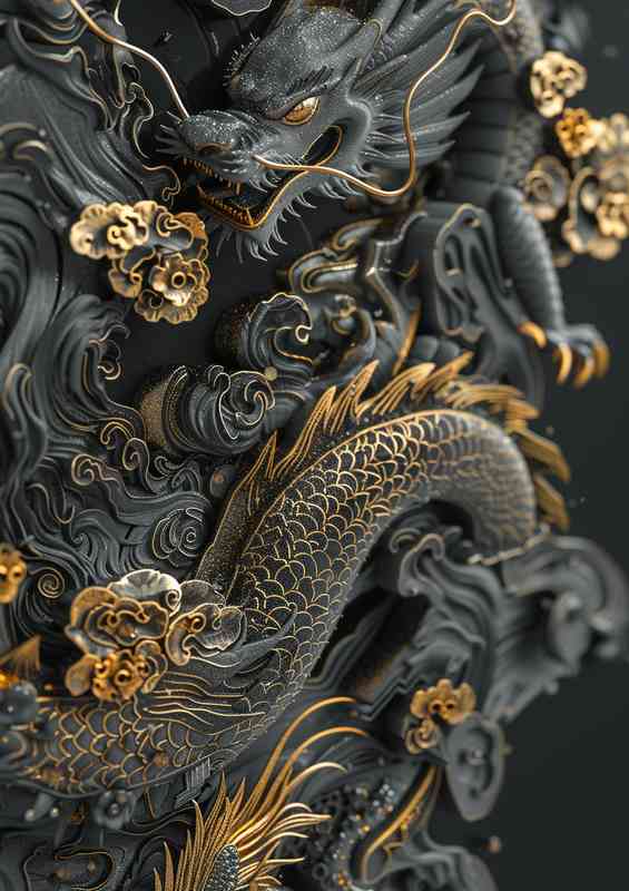Black and gold design featuring the dragon over | Poster