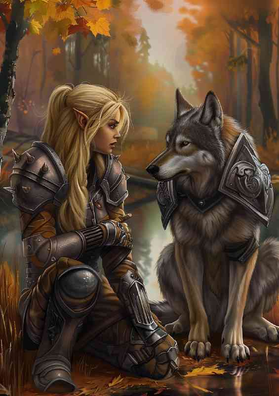 Blonde Elf girl in armor with strong Wolf | Canvas