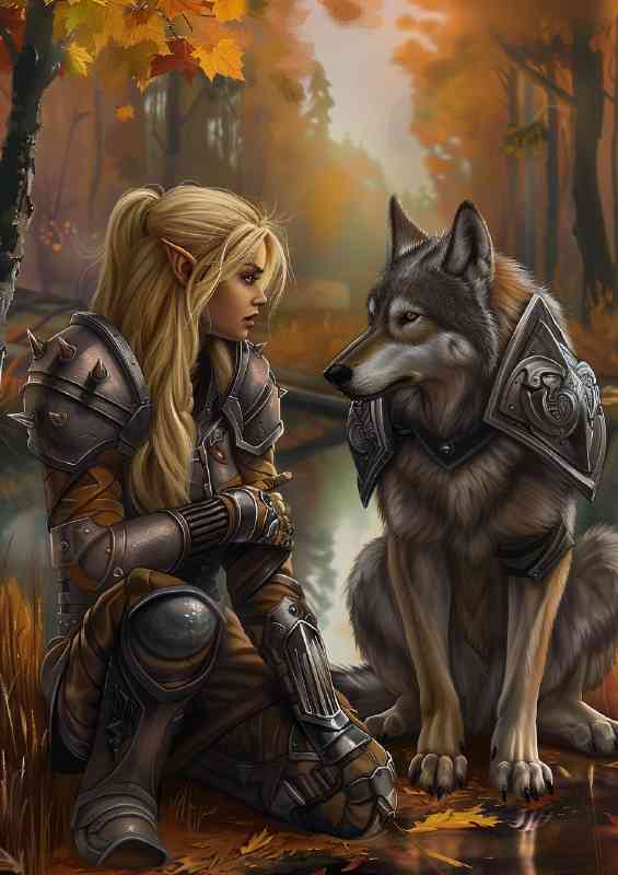 Blonde Elf girl in armor with strong Wolf | Poster