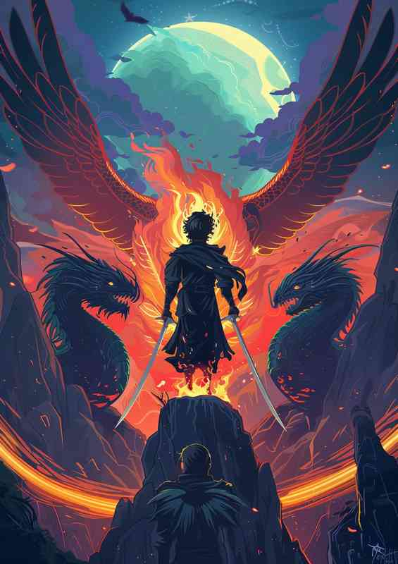 An angel on fire with dragons guiding him | Poster