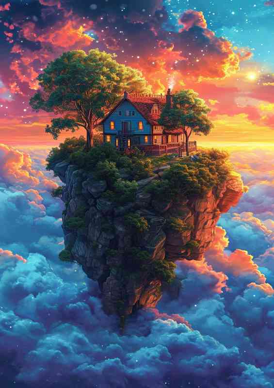 Colorful house on an island in the clouds | Poster