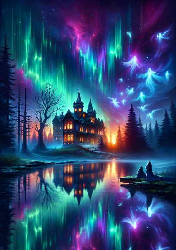 Haunted mansion a mystical forest under a sky with glowing auroras | Metal Poster