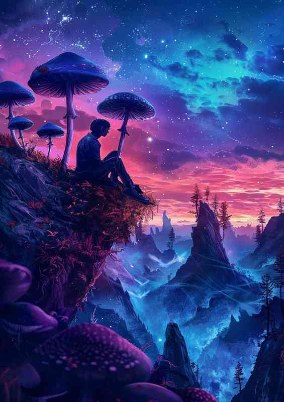 Man sitting on top of earth with mushroom | Canvas