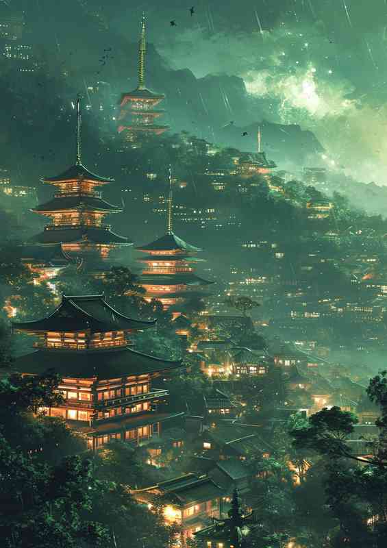 Many pagodas in the village scifi | Metal Poster