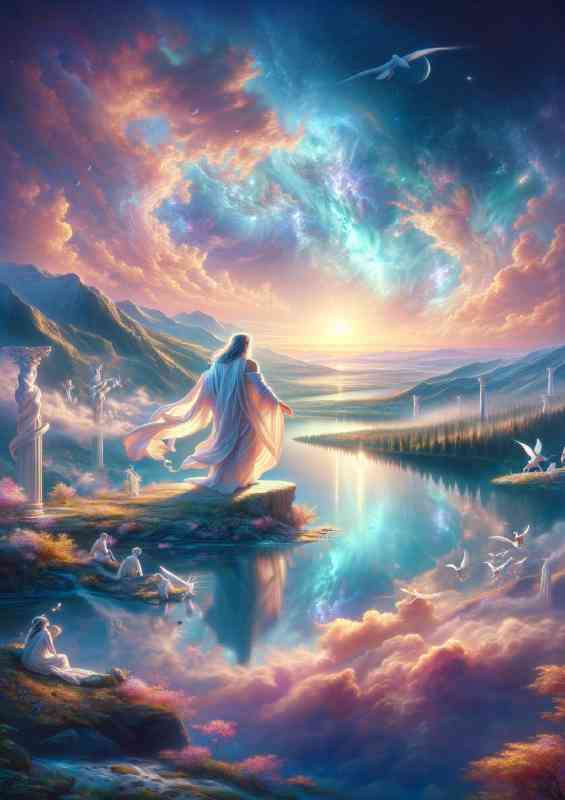 Serene moment in a heavenly landscape featuring a god like figure | Poster