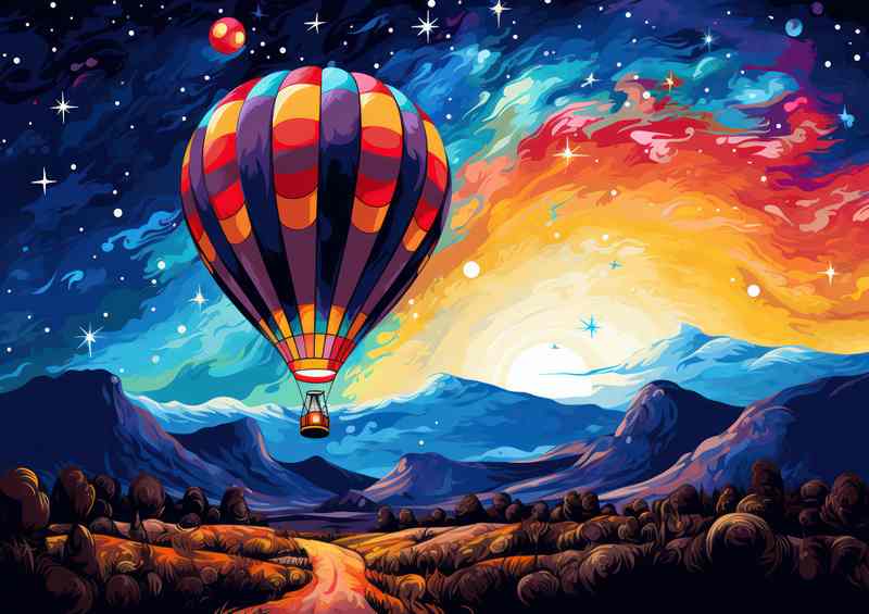 Hot air baloon in the blue sky in the mountains | Poster
