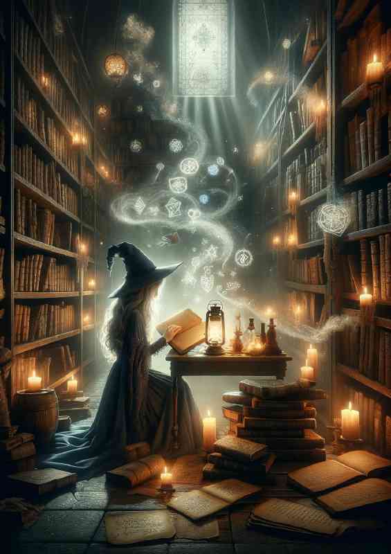 Young witch ancient scrolls under the magical lantern | Metal Poster