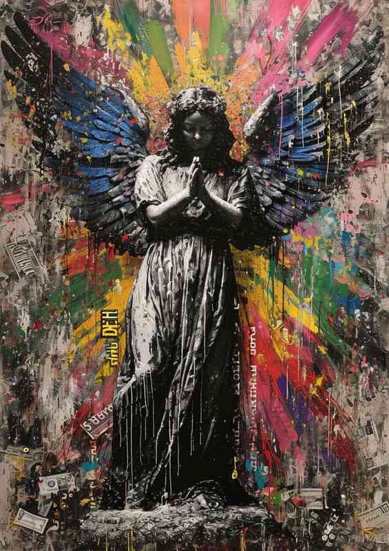 A large black and white picture of a tattoo angel | Poster