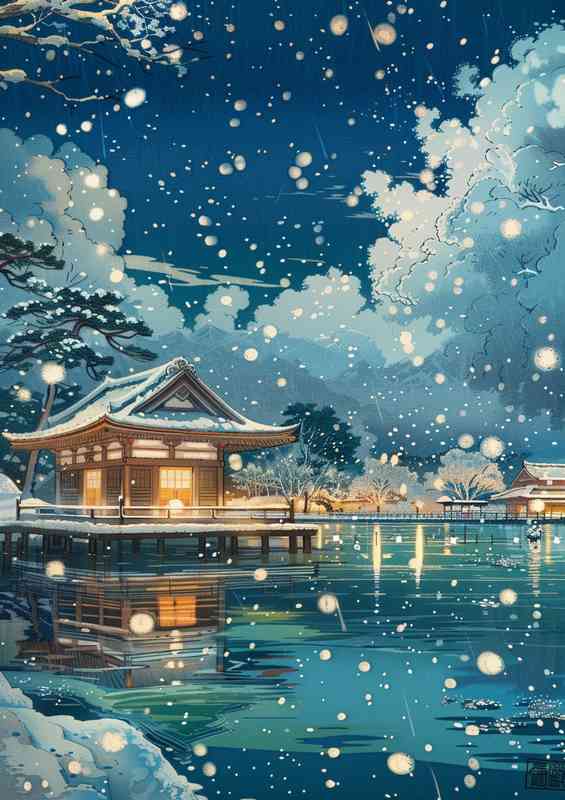 Beautiful snow scene over the temple by the lake | Poster