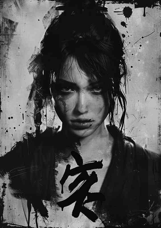 Girl kimono in japanese grayscale art | Poster