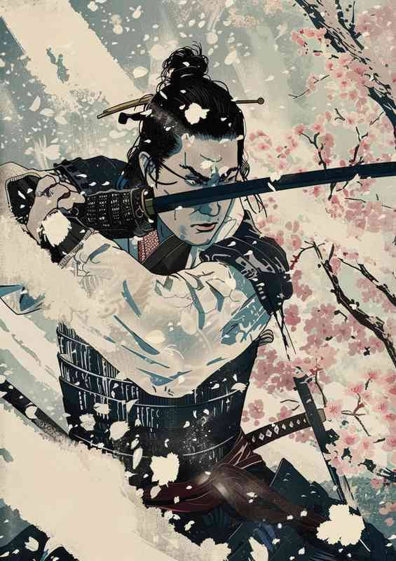 Japanese an epic samurai with sword in winter | Metal Poster