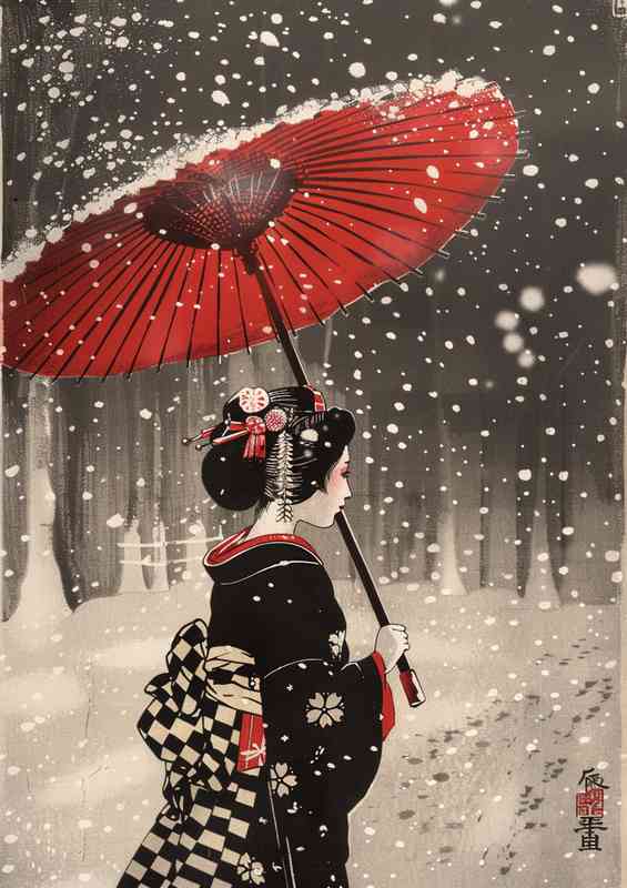 Japanese lady walking in the snow | Canvas