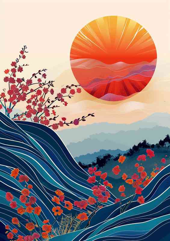 Japanese poster art sun and waves | Canvas